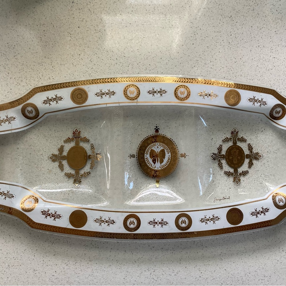 MCM Gold and White Glass Tray with Butterfly Design